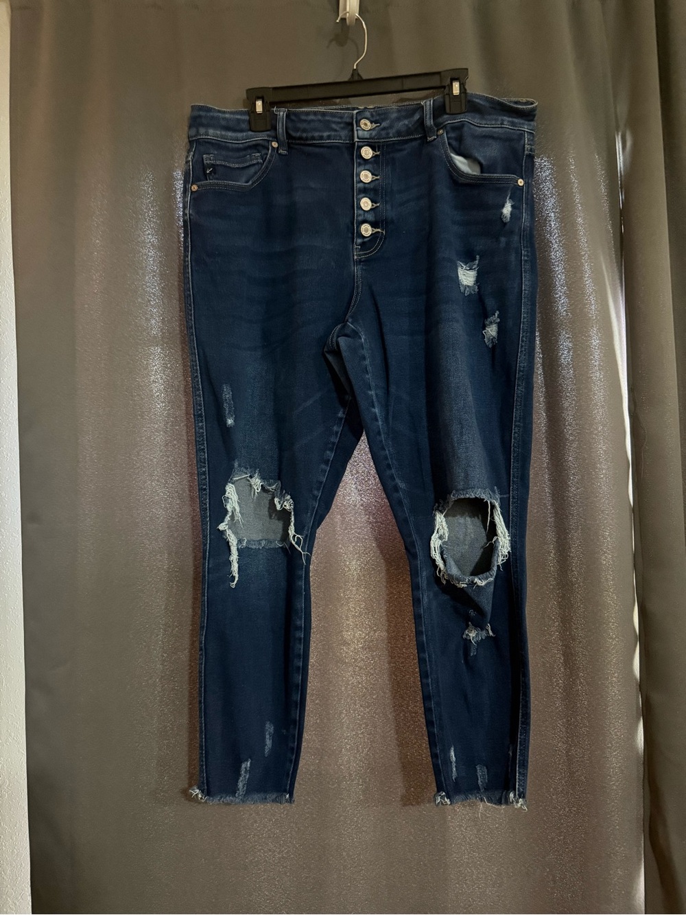 Kan Can Dark Blue Distressed High-Rise Button-Fly Women’s Jeans